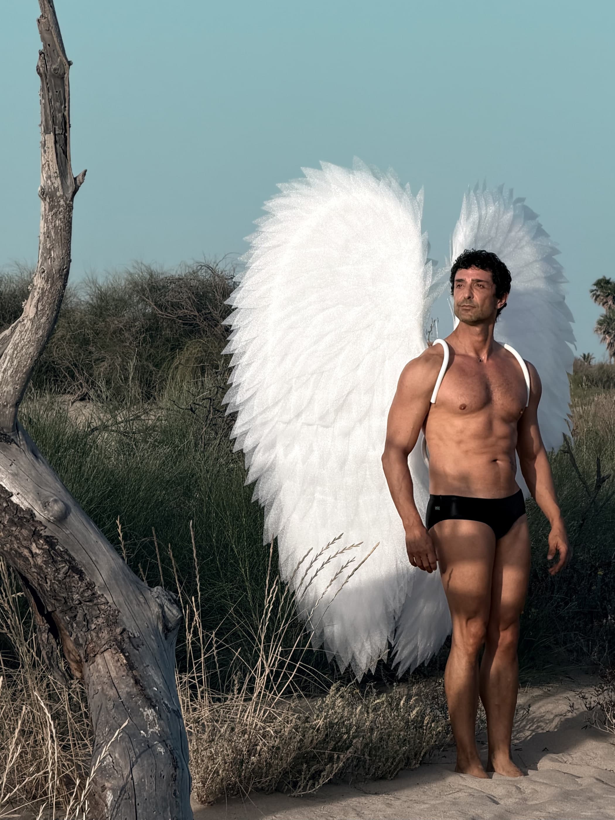 Las alas puestas, de pie sobre la arena junto a un tronco seco, a plena luz contra el cielo.