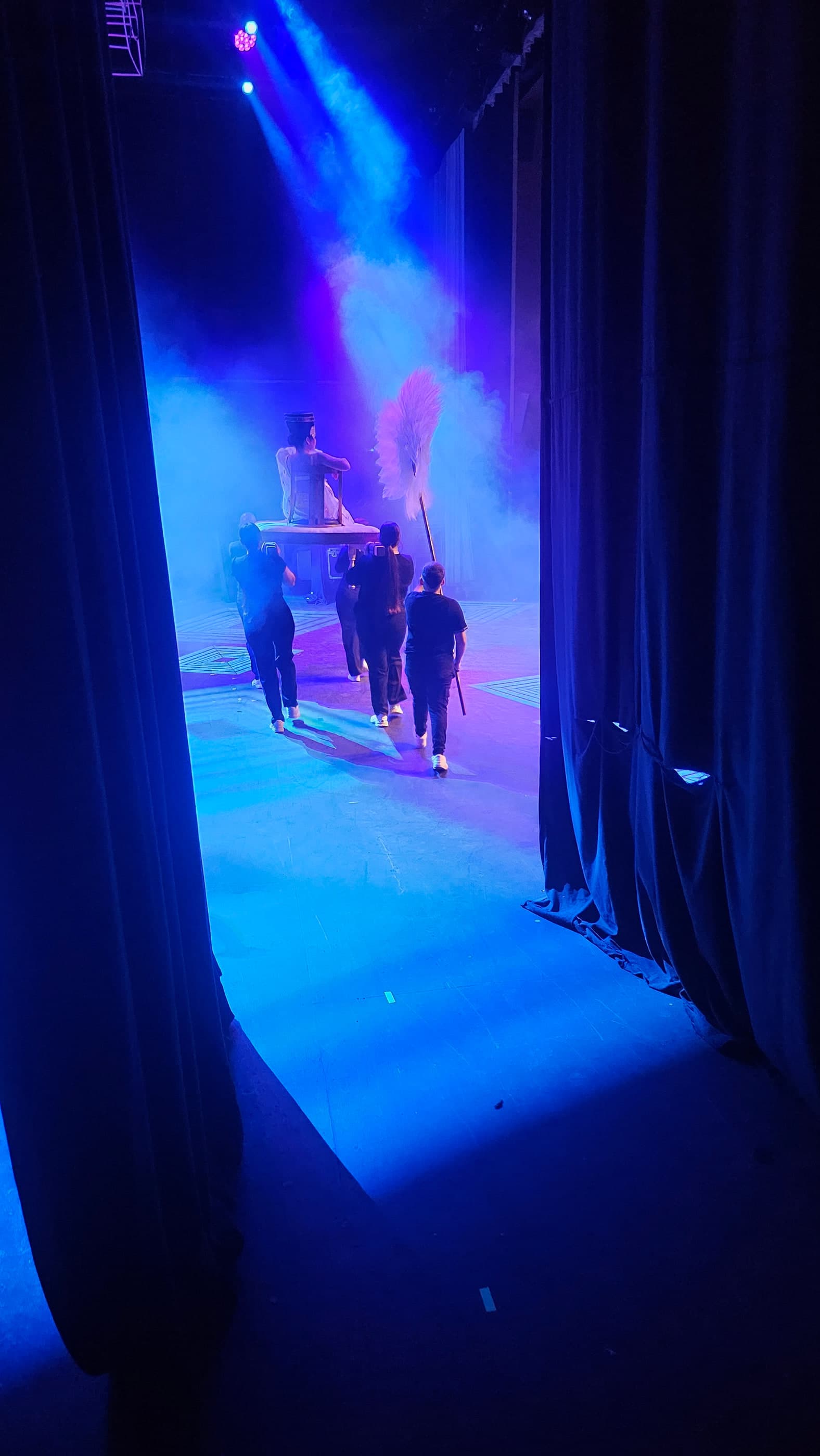 La escena en el escenario, en penumbra azul: una figura sentada en el trono a la que abanican con el abanico gigante.